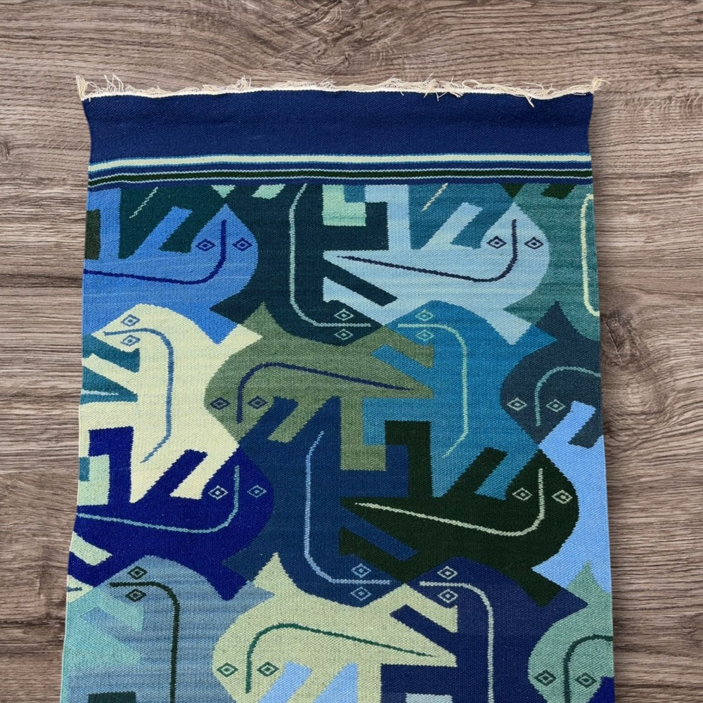 Vtg MC Escher Style Lizard Tessellation Handwoven Wool Tapestry Wall Art Blue - Picture 5 of 7